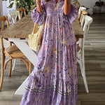 Lavender Flavor Printed Long Sleeve Button A-line Maxi Dress