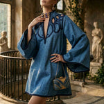 A-Line Long Sleeves Contrast Color Hollow Split-Joint Stand Collar Mini Dresses
