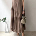 A-Line Loose Buttoned Pleated Ruffled Solid Color Split-Joint Tiered Stand Collar Midi Dresses