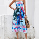High Waisted Sleeveless Pleated Printed Split-Joint Collarless Midi Dresses Slip Dress