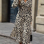 Elasticated Waist High Waisted Contrast Color Leopard Pleated Split-Joint V-Neck Maxi Dresses