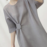 Half Sleeves Irregular Clipping Pleated Solid Color Round-Neck Midi Dresses