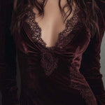 Polyester Velvet Lace Trim Mini Dress - Burgundy