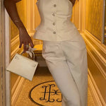 Fashion One-shoulder Slim-fit Button Vest and Casual Pocket Straight-leg Suit Pants Set