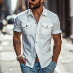 Men's Classic Casual Solid Color Slim Fit Multi-Pocket Polyester Cotton Short Sleeve Shirt