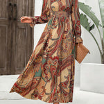 Loose Puff Sleeves Elasticity Printed V-Neck Maxi Dresses