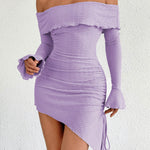 Bodycon High Waisted Asymmetric Drawstring Pleated Solid Color Split-Joint Off-The-Shoulder Mini Dresses
