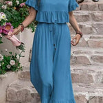 Casual loose solid color short-sleeved wide-leg pants two-piece set