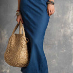 Boho-Vintage Elegant Faux-Denim Ruched Maxi Dress