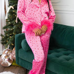 Christmas Besties Party Printed Feather Trim Elastic Waist Pocketed Pajama Set