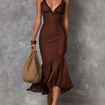 Vintage Satin Ruffle V-Neck Midi Dress