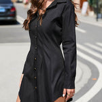 Long Sleeves Loose Buttoned Pleated Solid Color Lapel Mini Dresses Shirt Dress