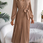 High Waisted Long Sleeves Belted Buttoned Pleated Solid Color V-Neck Maxi Dresses