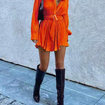 Long Sleeves Buttoned Pleated Solid Color Tied Waist Lapel Mini Dresses Shirt Dress