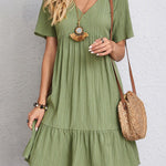 A-Line Loose Pleated Solid Color Split-Joint V-Neck Mini Dresses
