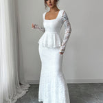 Bodycon Long Sleeves Flower Print Ruffled See-Through Solid Color Split-Joint Square-Neck Maxi Dresses