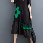 Loose Short Sleeves Floral Printed Split-Joint Round-Neck Midi Dresses