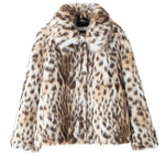 Leopard Print Faux Fur Turndown Collar Fuzzy Coat-Brown