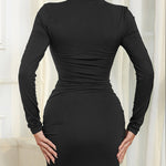 Bodycon High Waisted Drawstring Pleated Solid Color Mock Neck Mini Dresses