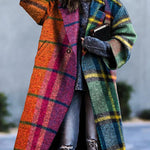 Loose Three-Quarter Sleeves Contrast Color Plaid Split-Joint Lapel Outerwear Windbreakers Woolen Coat