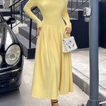 High Waisted Long Sleeves Pleated Solid Color Split-Front One-Shoulder Maxi Dresses