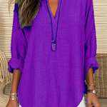 Women's Cotton Long Sleeve Round Neck Solid Color Loose Beach Shirt
