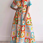 A-Line High Waisted Buttoned Contrast Color Printed Split-Joint Tied Waist Lapel Maxi Dresses Shirt Dress
