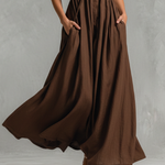 Women's Vintage Brown Cotton And Linen V-neck Sleeveless Pleated Midi Dress
