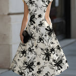 Floral Ink Print Cap Sleeve Midi Dress