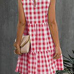 Loose Sleeveless Hollow Plaid Pleated Split-Joint Round-Neck Mini Dresses