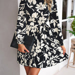 High Waisted Long Sleeves Flower Print Pleated Tied Waist Mock Neck Mini Dresses