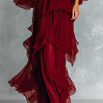 Women's Burgundy Chiffon Fabric Bell-Sleeve Maxi Dress With Layered Ruffled Skirt