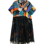 A-Line Loose Buttoned Hollow Mesh Printed Split-Joint Lapel Midi Dresses