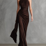Women's Dark Brown Stretch Dress With Twisted Neckline & Maxi Length, Modern Bold-Elegant Style Dress