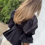 High-Low Puff Sleeves Asymmetric Buttoned Solid Color Deep V-Neck Blouses&Shirts Tops