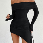 Bodycon High Waisted Asymmetric Drawstring Pleated Solid Color Split-Joint Off-The-Shoulder Mini Dresses