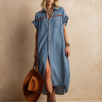 Simple Western-style Brown Woven Strap Short-sleeved Denim Midi Dress