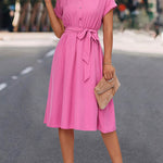 A-Line High Waisted Buttoned Solid Color Tied Waist Lapel Collar Midi Dresses Shirt Dress