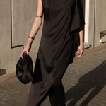Kallena Satin High Neck Irregular Sleeves Midi Top and High Rise Pocket Loose Pants Set