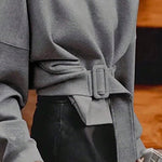 Long Sleeves Loose Belt Buckle Solid Color Round-Neck Sweatshirt Tops