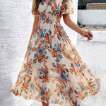 A-Line Elasticated Waist Contrast Color Flower Print Pleated Split-Joint V-Neck Maxi Dresses