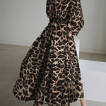 High Waisted Long Sleeves Buttoned Leopard Lapel Maxi Dresses