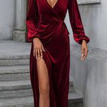 A-Line High Waisted Elasticity Solid Color Split-Front Split-Joint Tied Waist Velvet V-Neck Maxi Dresses