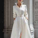 Elegant Shirt Dress With Belted Waist And High Collar