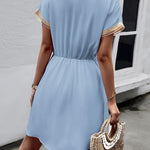 A-Line Elasticated Waist Contrast Color Drawstring Hollow Split-Joint Tasseled Tied V-Neck Mini Dresses
