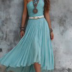 One-shoulder Pleated Chiffon Midi Dress With Belt