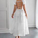 A-Line Loose Backless Pleated Solid Color Tied V-Neck Midi Dresses