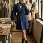 Long Sleeves Puff Sleeves Belted Bow-Embellished Solid Color V-Neck Mini Dresses