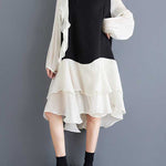 High-Low Long Sleeves Contrast Color Ruffle Trim Split-Joint Round-Neck Midi Dresses