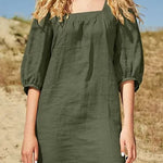 Minimalist style bubble sleeved casual square neck cotton linen dress